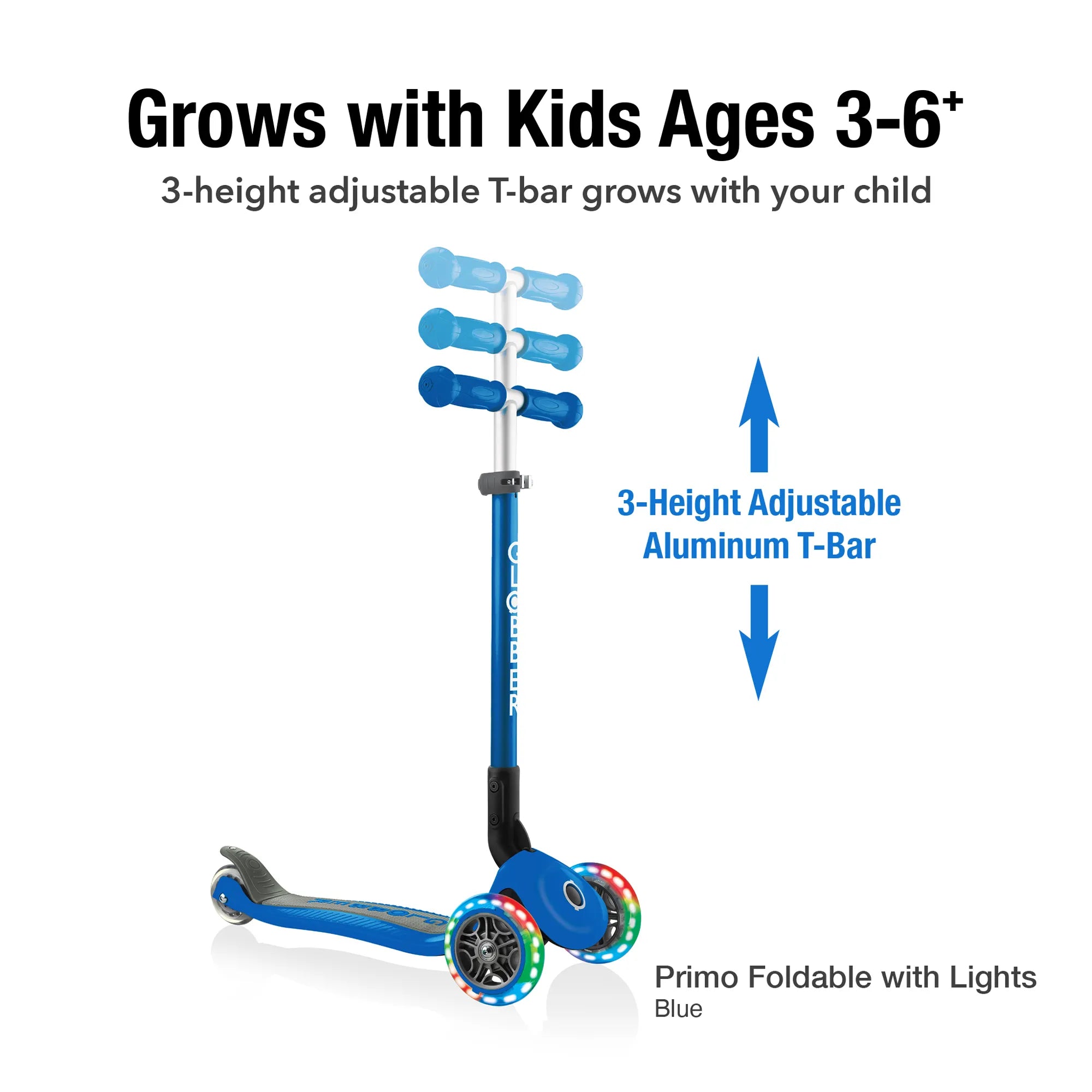 Globber Primo Foldable Lights - Navy Blue - Award-Winning Scooter - Ages 3-6+ - Brown's Hobby & Game