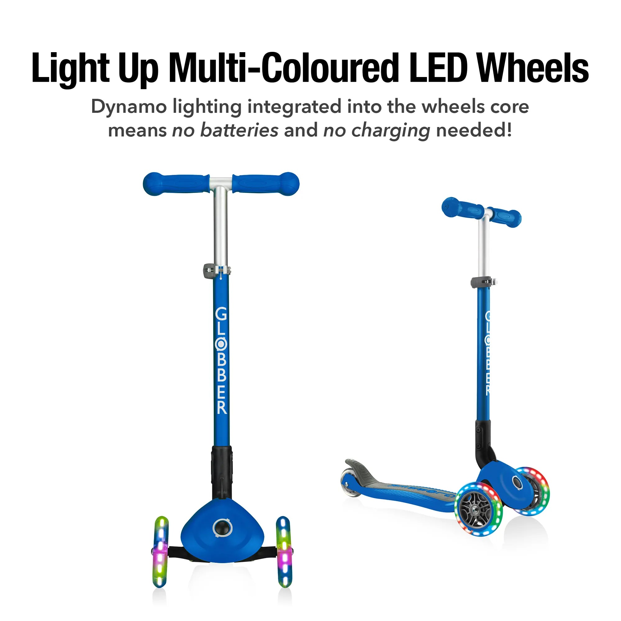 Globber Primo Foldable Lights - Navy Blue - Award-Winning Scooter - Ages 3-6+ - Brown's Hobby & Game