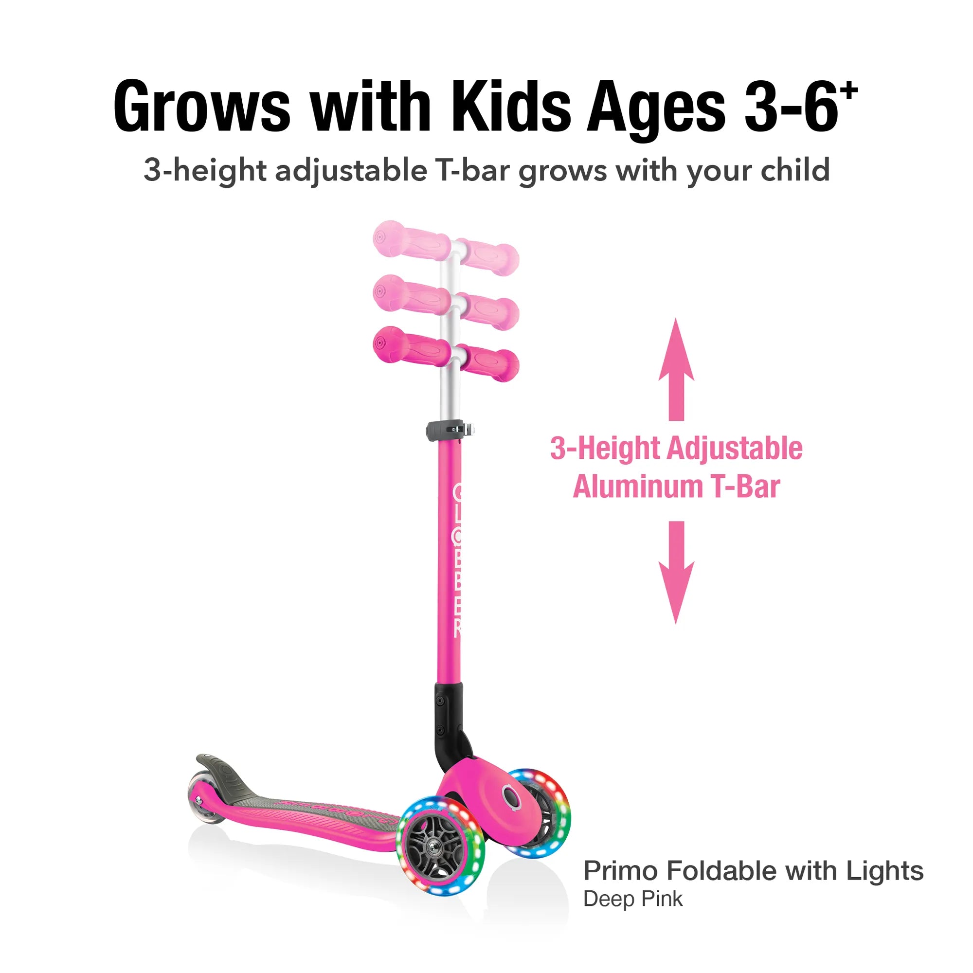 Globber Primo Foldable Lights - Deep Pink - Award-Winning Scooter - Ages 3-6+ - Brown's Hobby & Game