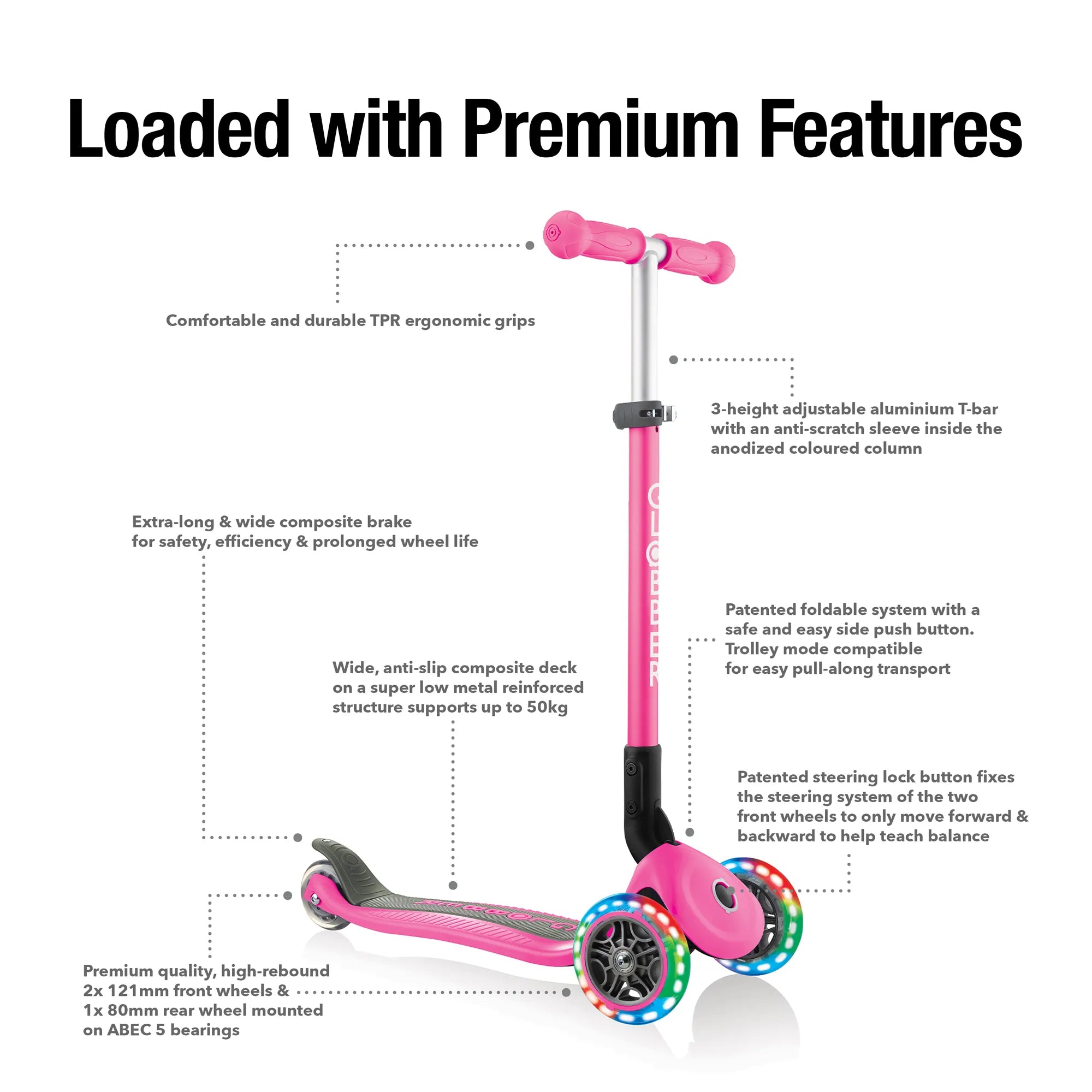 Globber Primo Foldable Lights - Deep Pink - Award-Winning Scooter - Ages 3-6+ - Brown's Hobby & Game