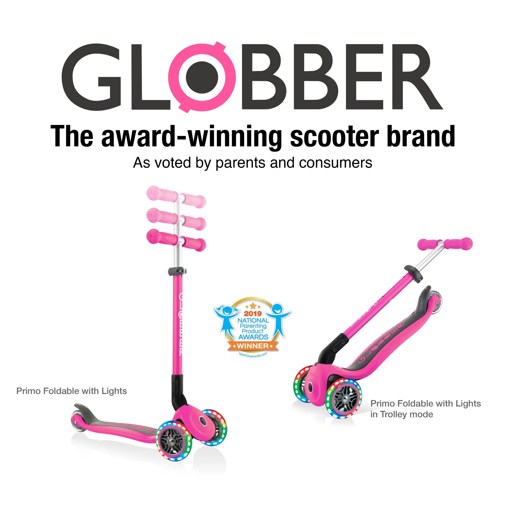 Globber Primo Foldable Lights - Deep Pink - Award-Winning Scooter - Ages 3-6+ - Brown's Hobby & Game