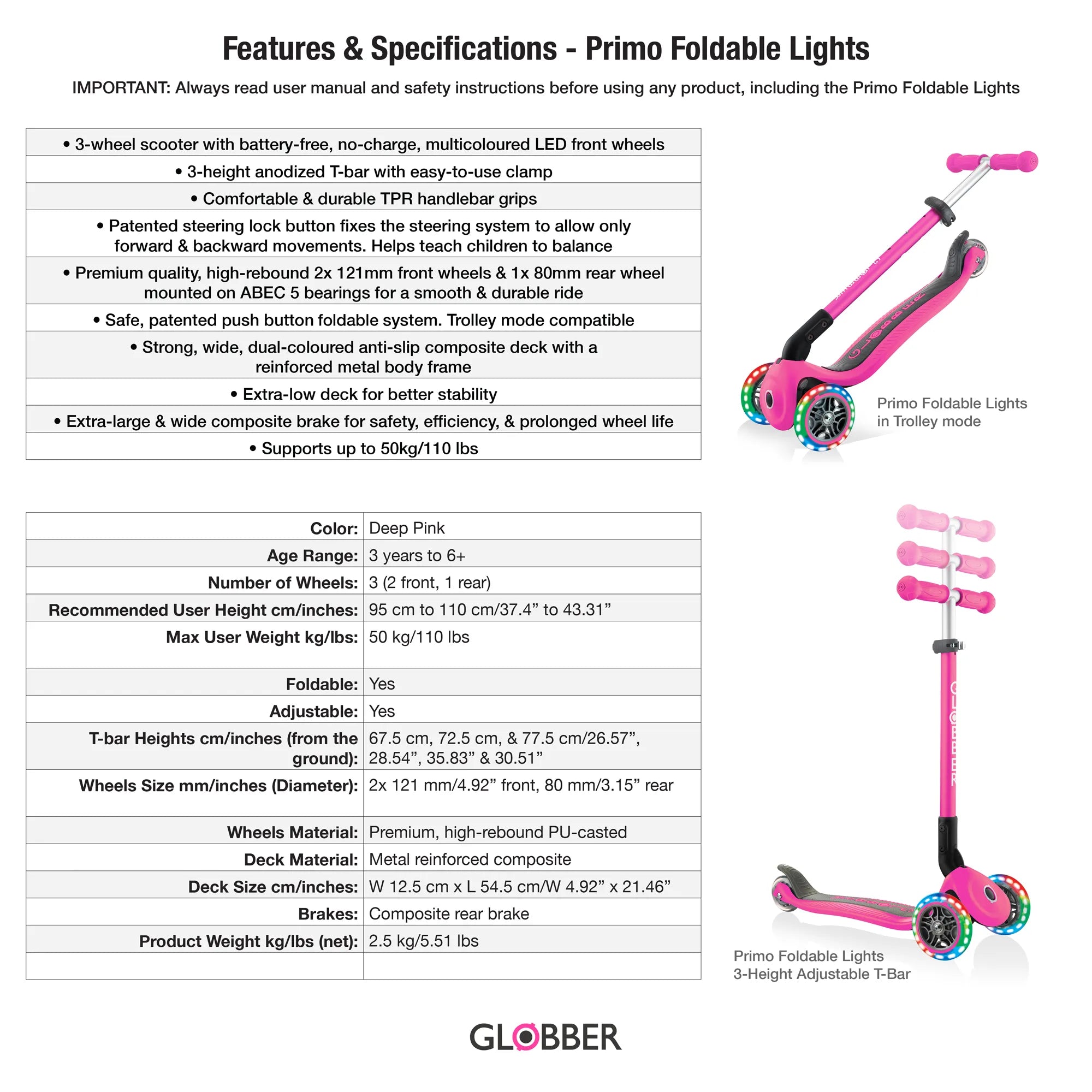 Globber Primo Foldable Lights - Deep Pink - Award-Winning Scooter - Ages 3-6+ - Brown's Hobby & Game