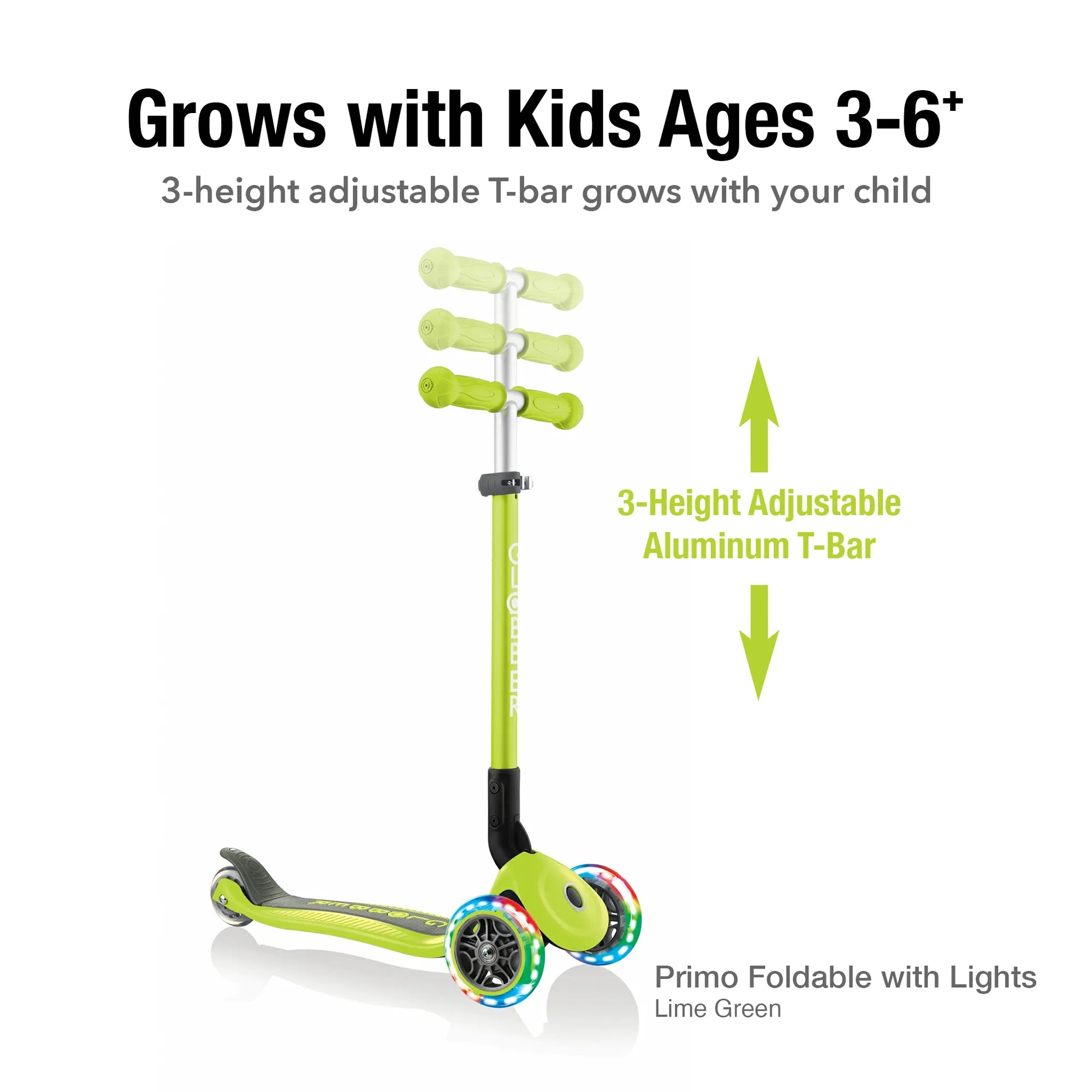 Globber Primo Foldable Lights - Lime Green - Award-Winning Scooter - Ages 3-6+ - Brown's Hobby & Game