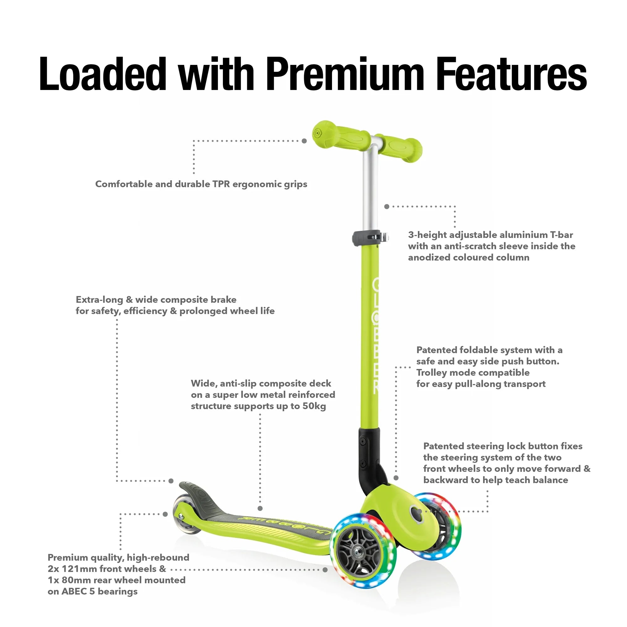 Globber Primo Foldable Lights - Lime Green - Award-Winning Scooter - Ages 3-6+ - Brown's Hobby & Game