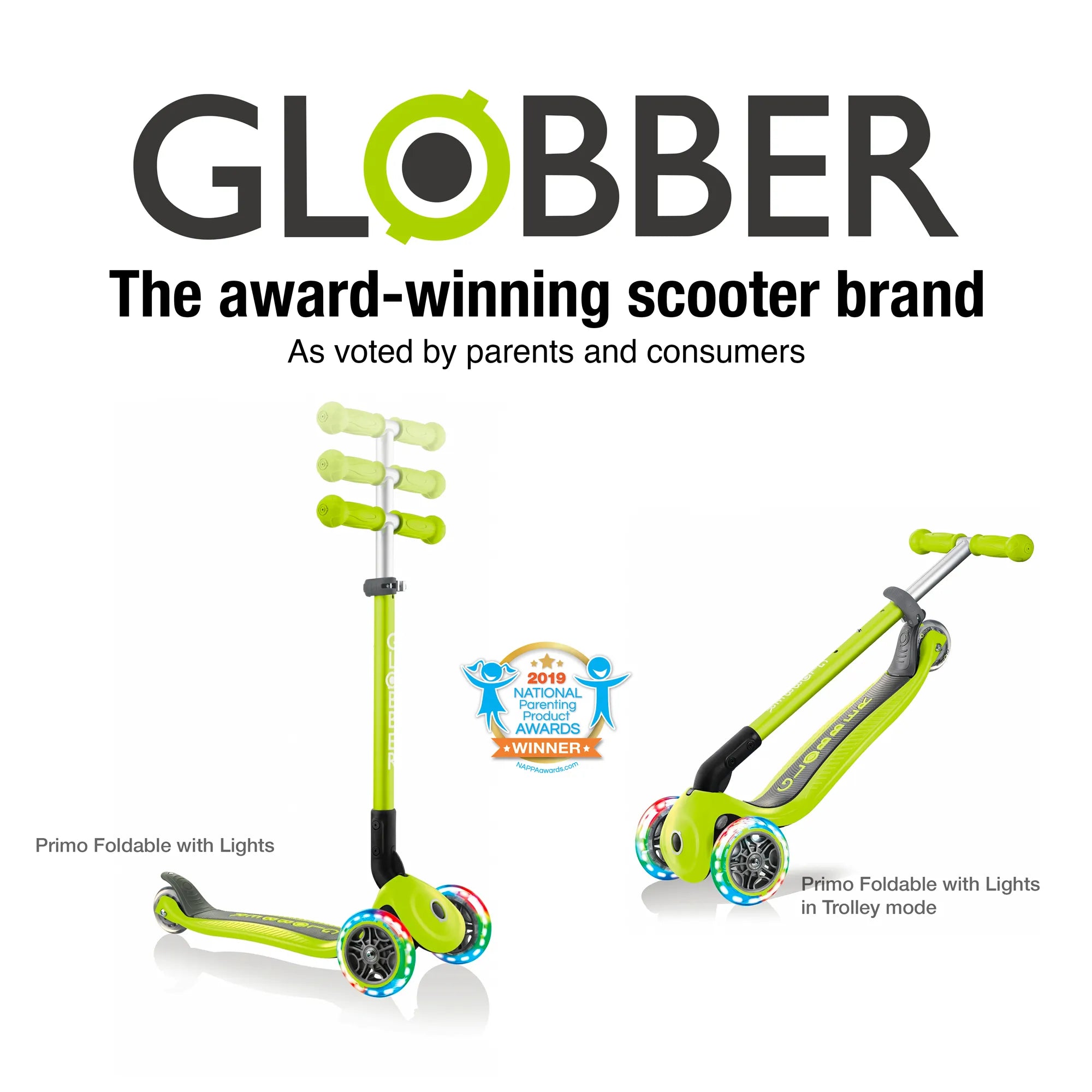 Globber Primo Foldable Lights - Lime Green - Award-Winning Scooter - Ages 3-6+ - Brown's Hobby & Game