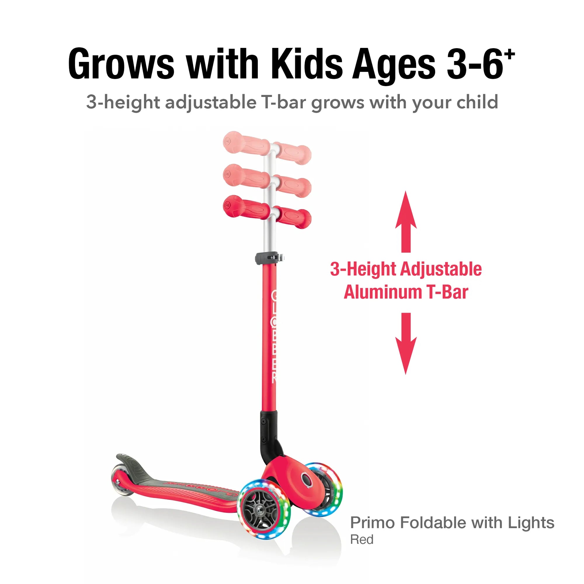 Globber Primo Foldable Lights - Red - Award-Winning Scooter - Ages 3-6+ - Brown's Hobby & Game