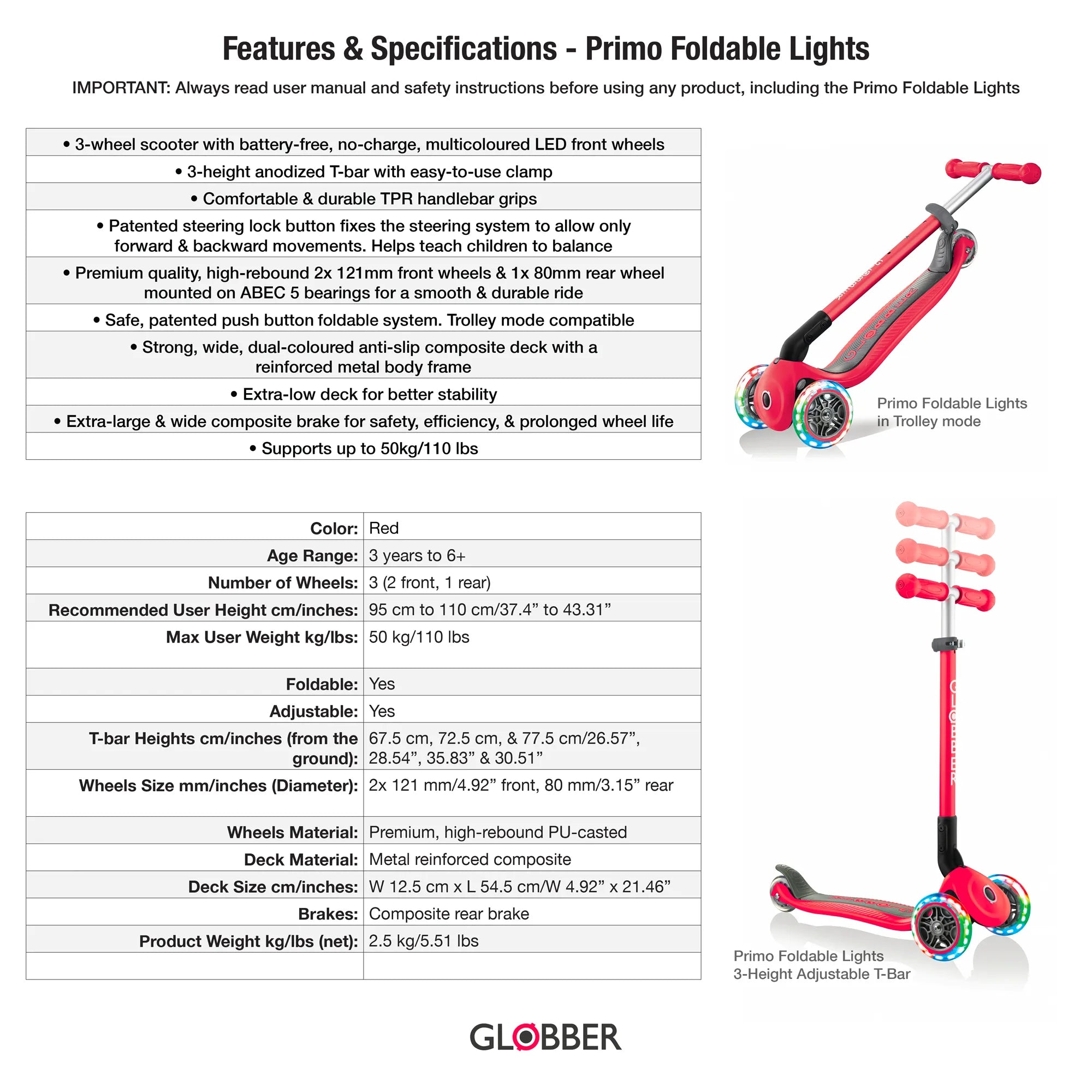 Globber Primo Foldable Lights - Red - Award-Winning Scooter - Ages 3-6+ - Brown's Hobby & Game