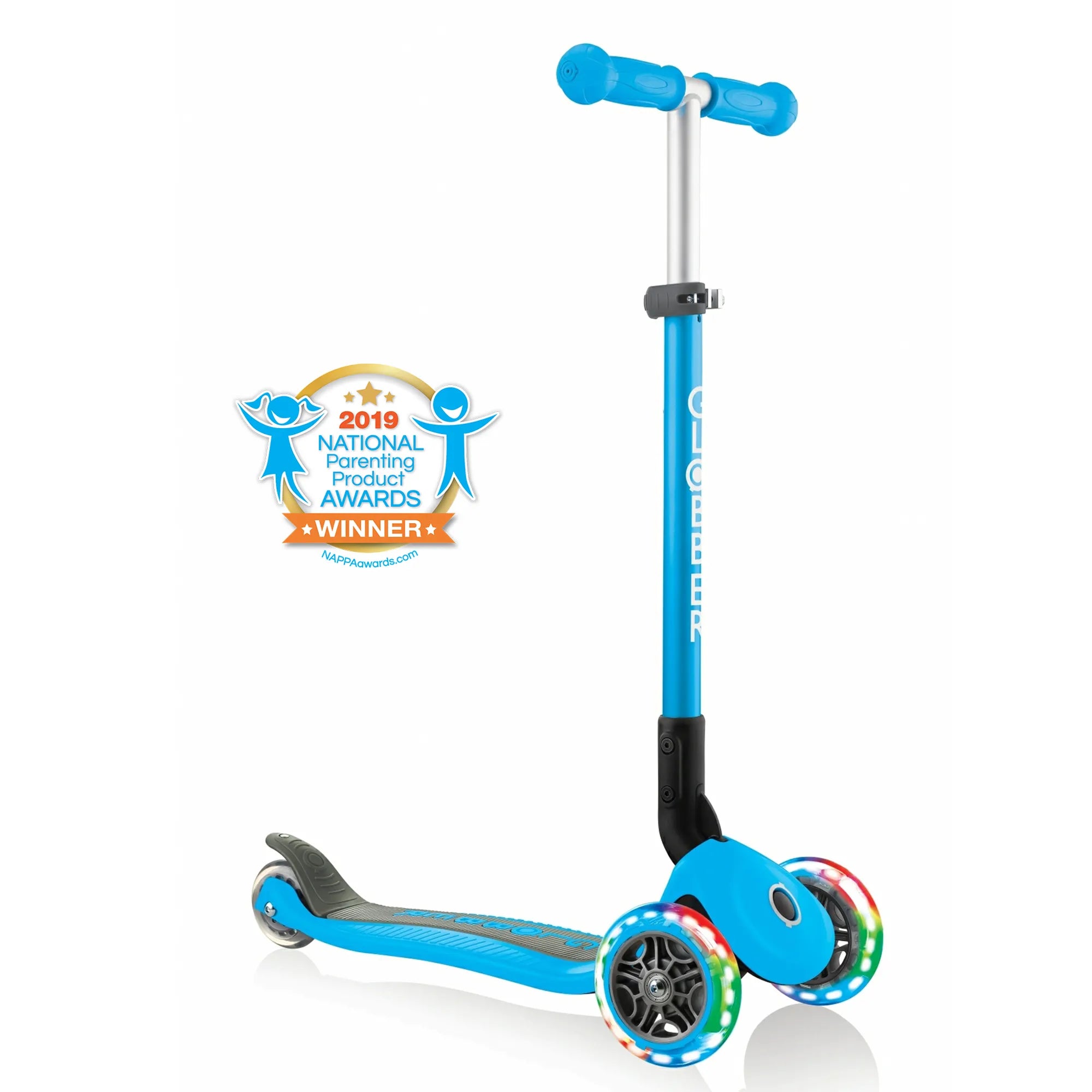 Globber Primo Foldable Lights - Sky Blue - Award-Winning Scooter - Ages 3-6+ - Brown's Hobby & Game