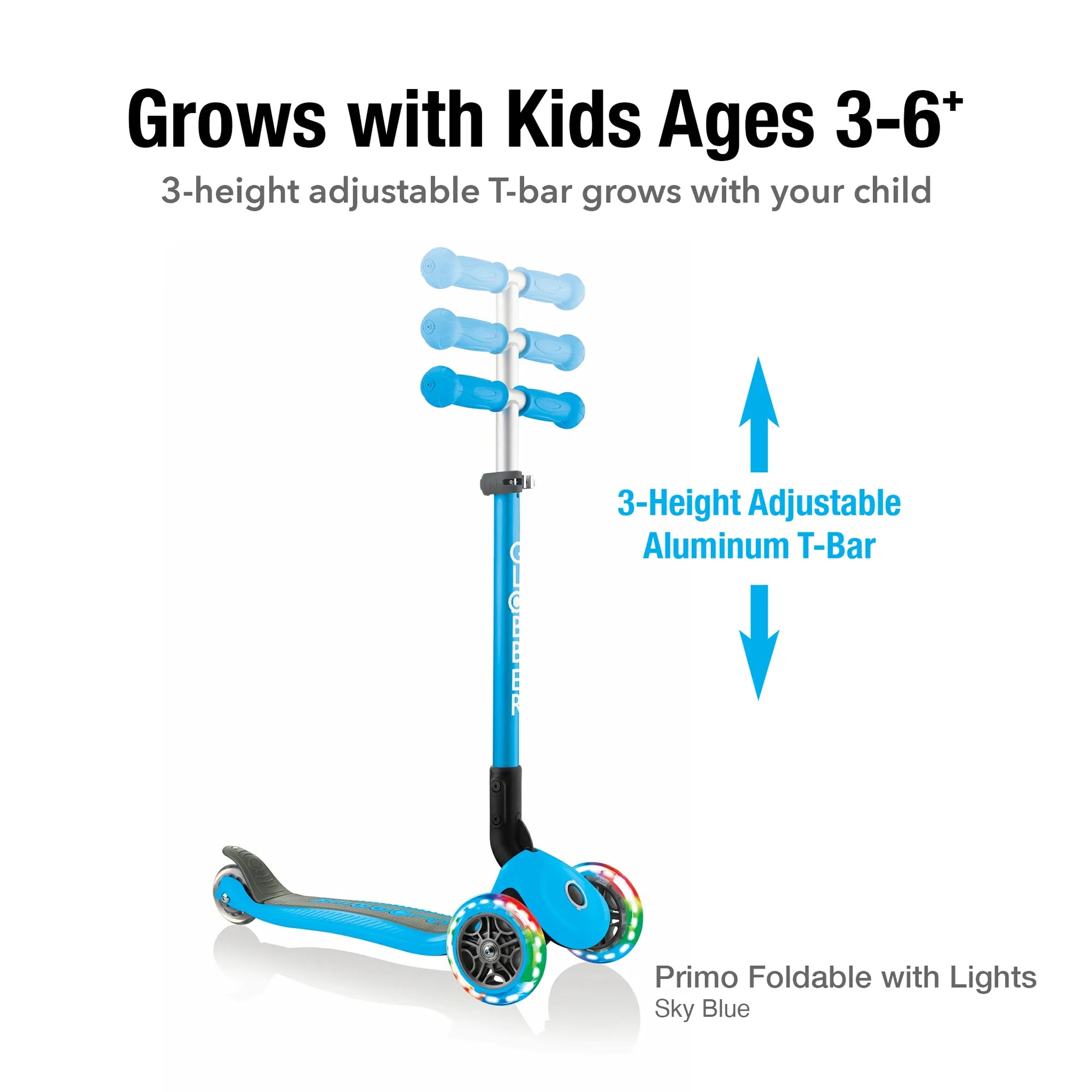 Globber Primo Foldable Lights - Sky Blue - Award-Winning Scooter - Ages 3-6+ - Brown's Hobby & Game