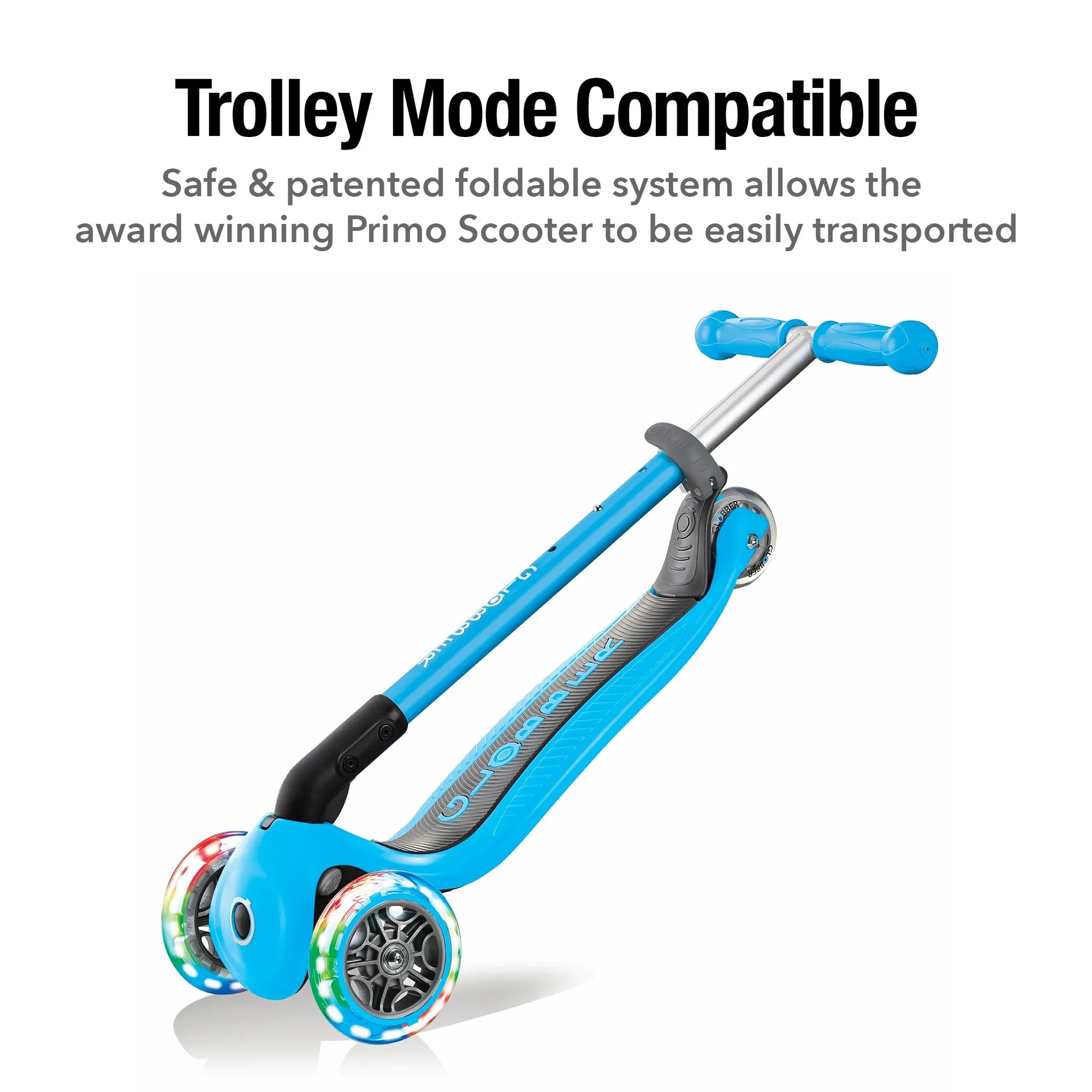 Globber Primo Foldable Lights - Sky Blue - Award-Winning Scooter - Ages 3-6+ - Brown's Hobby & Game