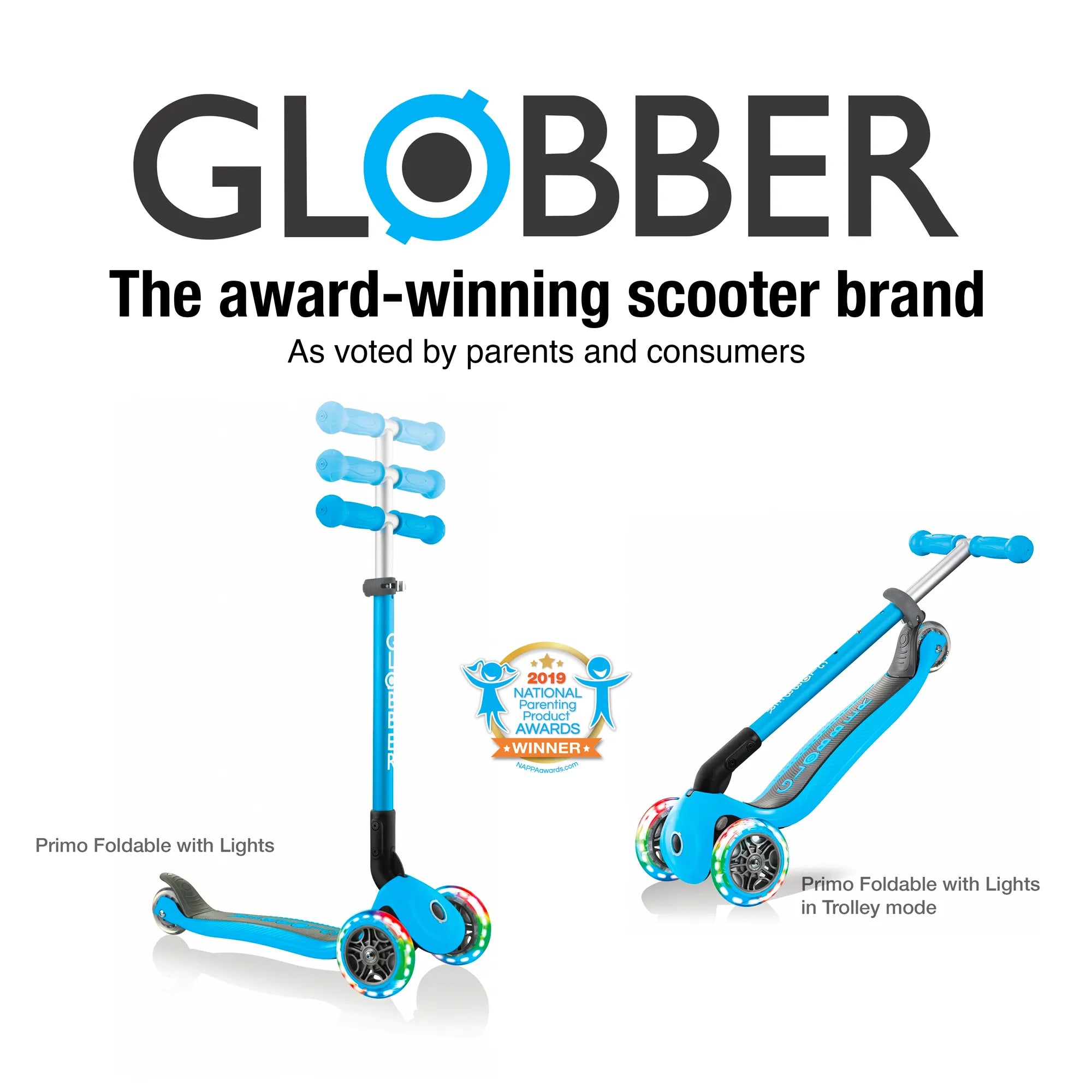 Globber Primo Foldable Lights - Sky Blue - Award-Winning Scooter - Ages 3-6+ - Brown's Hobby & Game