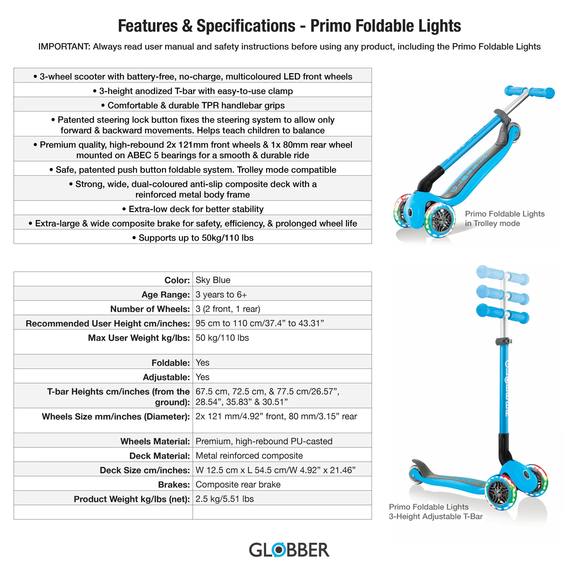 Globber Primo Foldable Lights - Sky Blue - Award-Winning Scooter - Ages 3-6+ - Brown's Hobby & Game